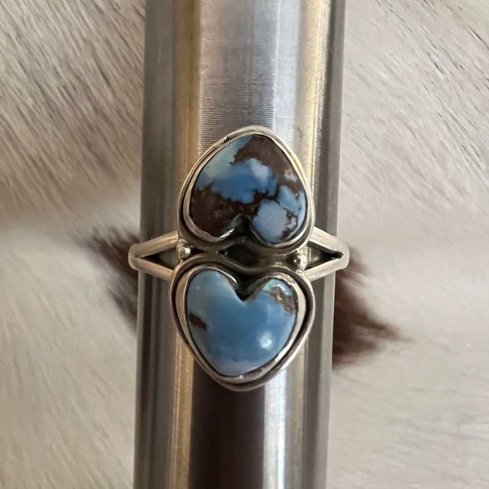 ❤️ Golden Hills 2 Stone Turquoise 925 Sterling Navajo Style Ring Size 9.25